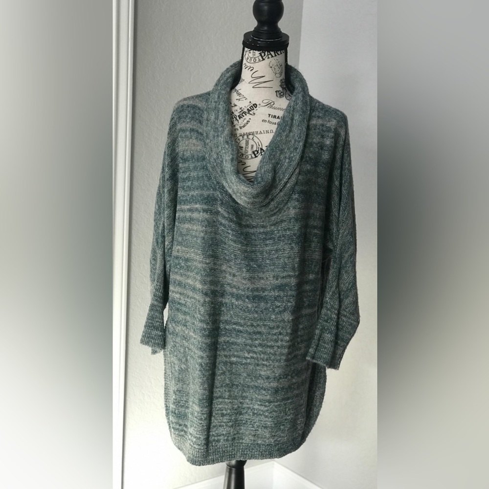 Anthropologie Cowl Neck Tunic Sweater - gorgeous heathered blue & cream color